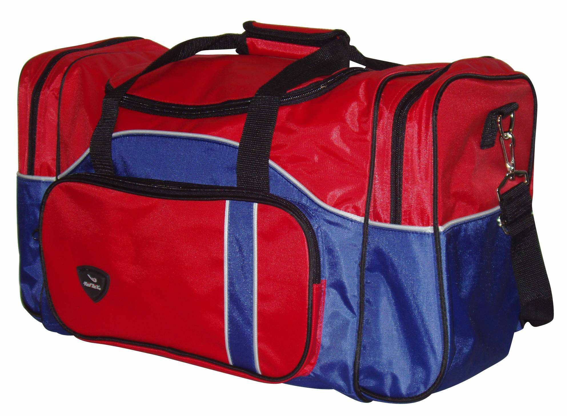Red and Blue Multi-Pocket Duffel Bag